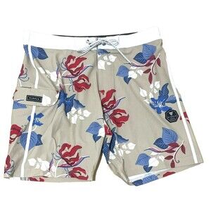 Vissla Swim Trunks Beige Floral Board Shorts Bathing Suit Stretch Mens Size 34